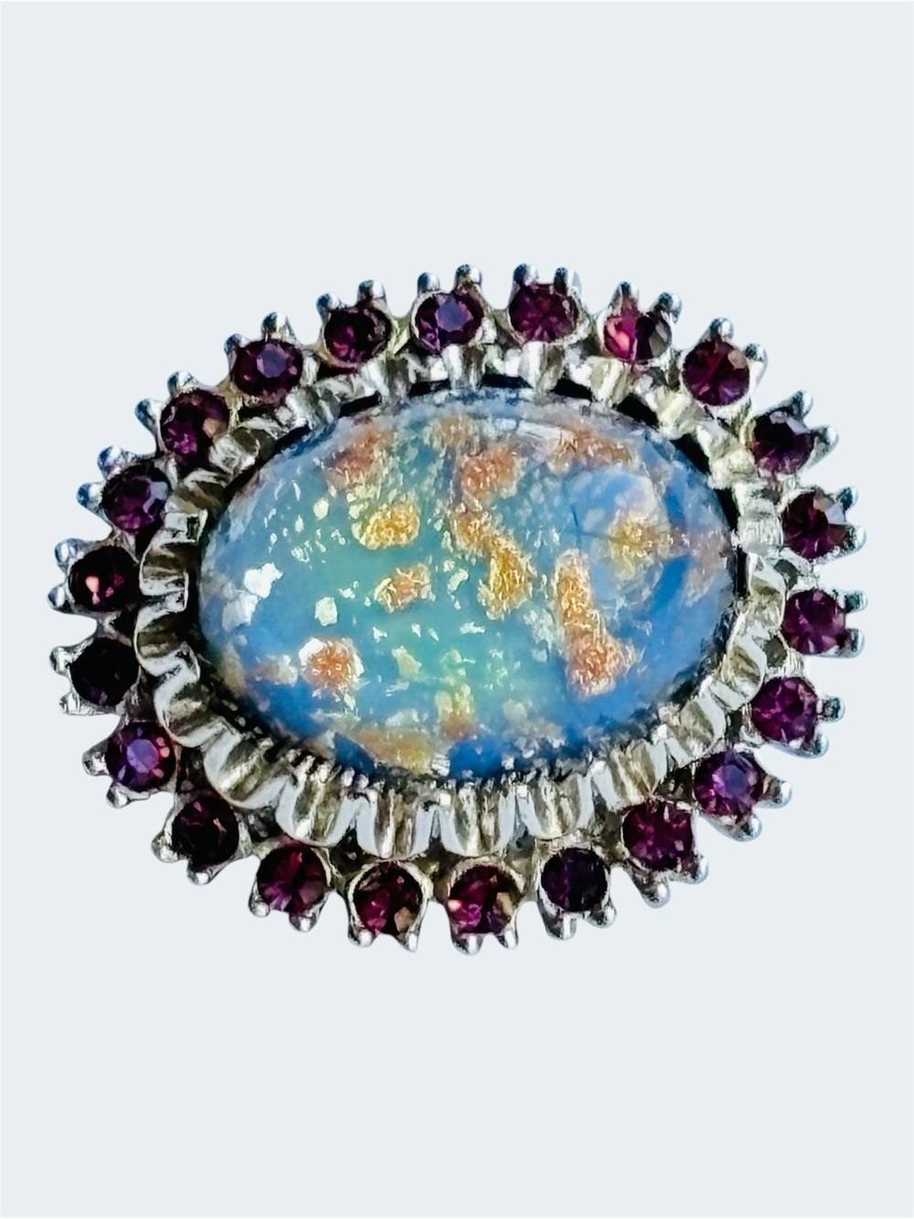 Vintage Sphinx Signed Numbered 50s Faux Opal Purple Rhinestones Brooch Oval 1”